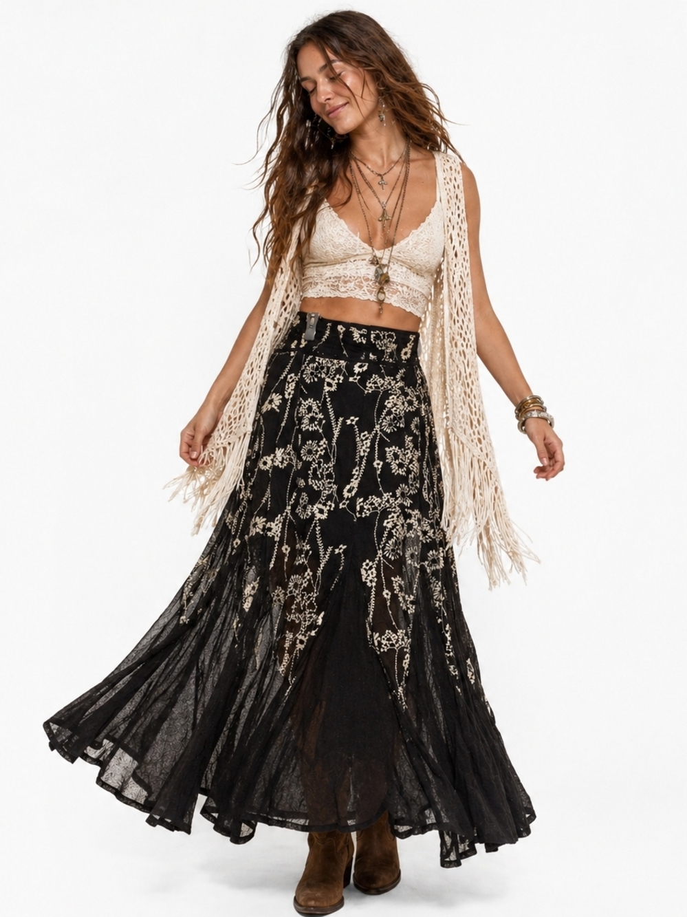 Free People Windswept Floral Embroidered Mesh Maxi Skirt
